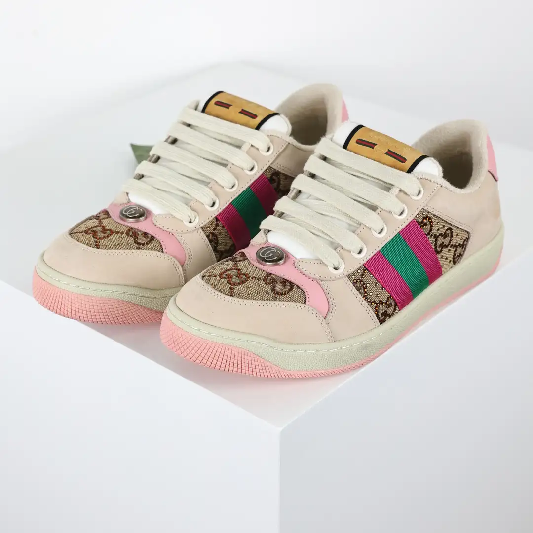 Gucci Screener Pink Rhinestone Distressed Sneakers - Image 3