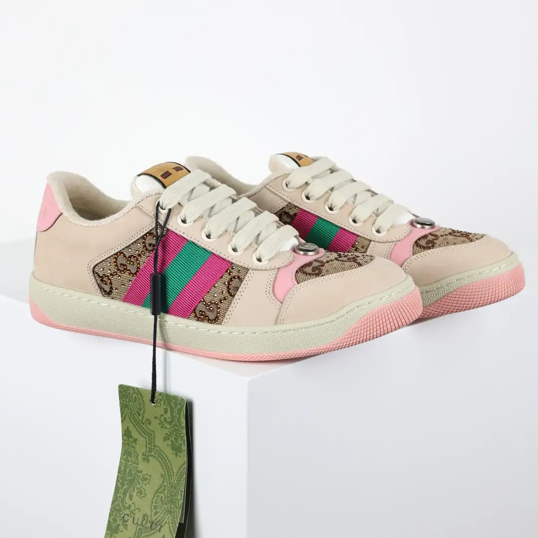 Gucci Screener Pink Rhinestone Distressed Sneakers - Image 4
