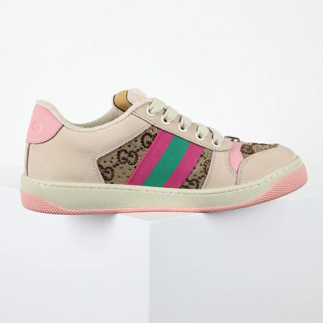 Gucci Screener Pink Rhinestone Distressed Sneakers - Image 1