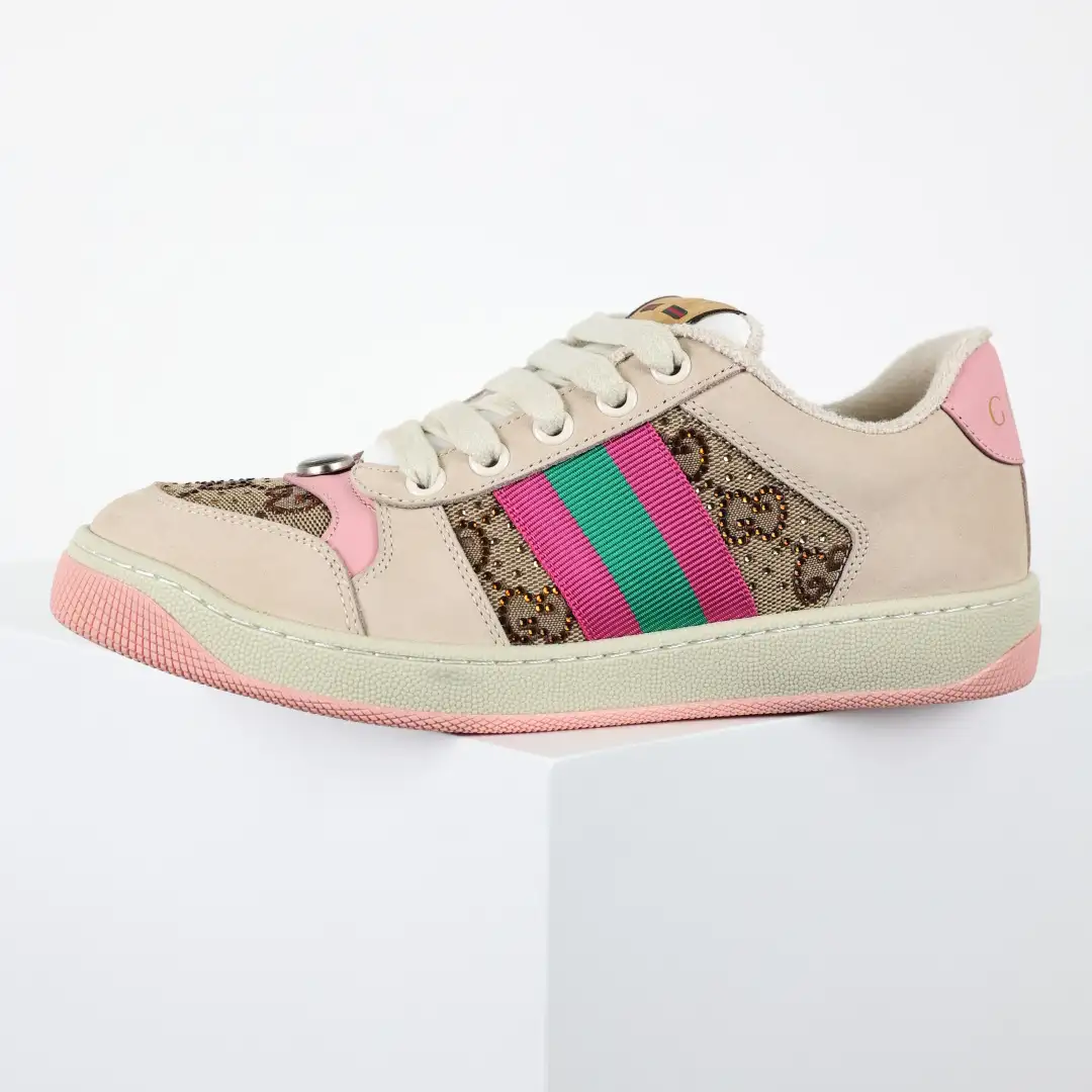 Gucci Screener Pink Rhinestone Distressed Sneakers - Image 9