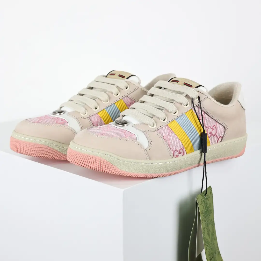 Gucci Screener Pink/Beige Distressed Sneakers - Image 2