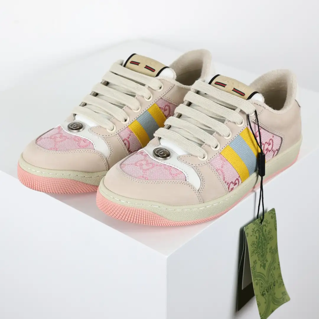 Gucci Screener Pink/Beige Distressed Sneakers - Image 3