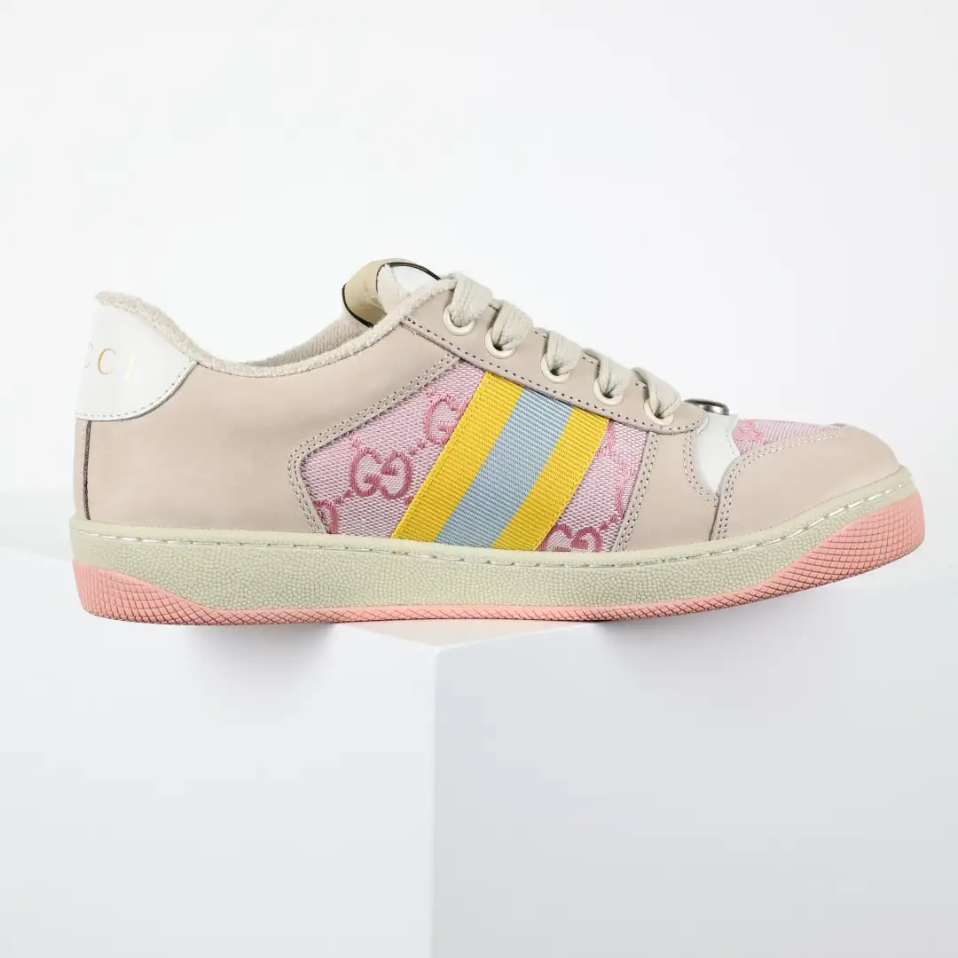 Gucci Screener Pink/Beige Distressed Sneakers - Image 1