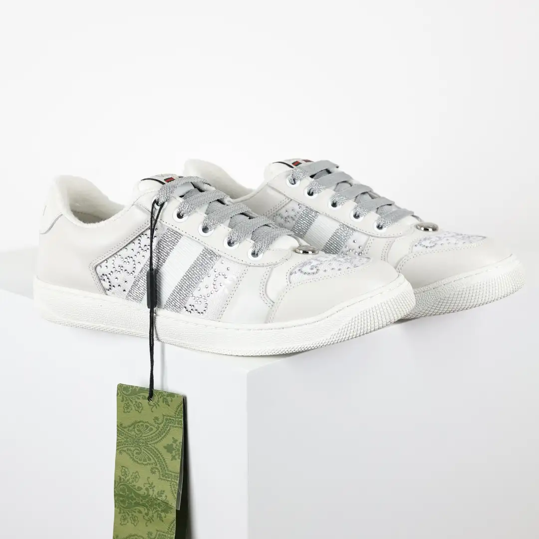 Gucci Screener White Rhinestone Distressed Sneakers - Image 6