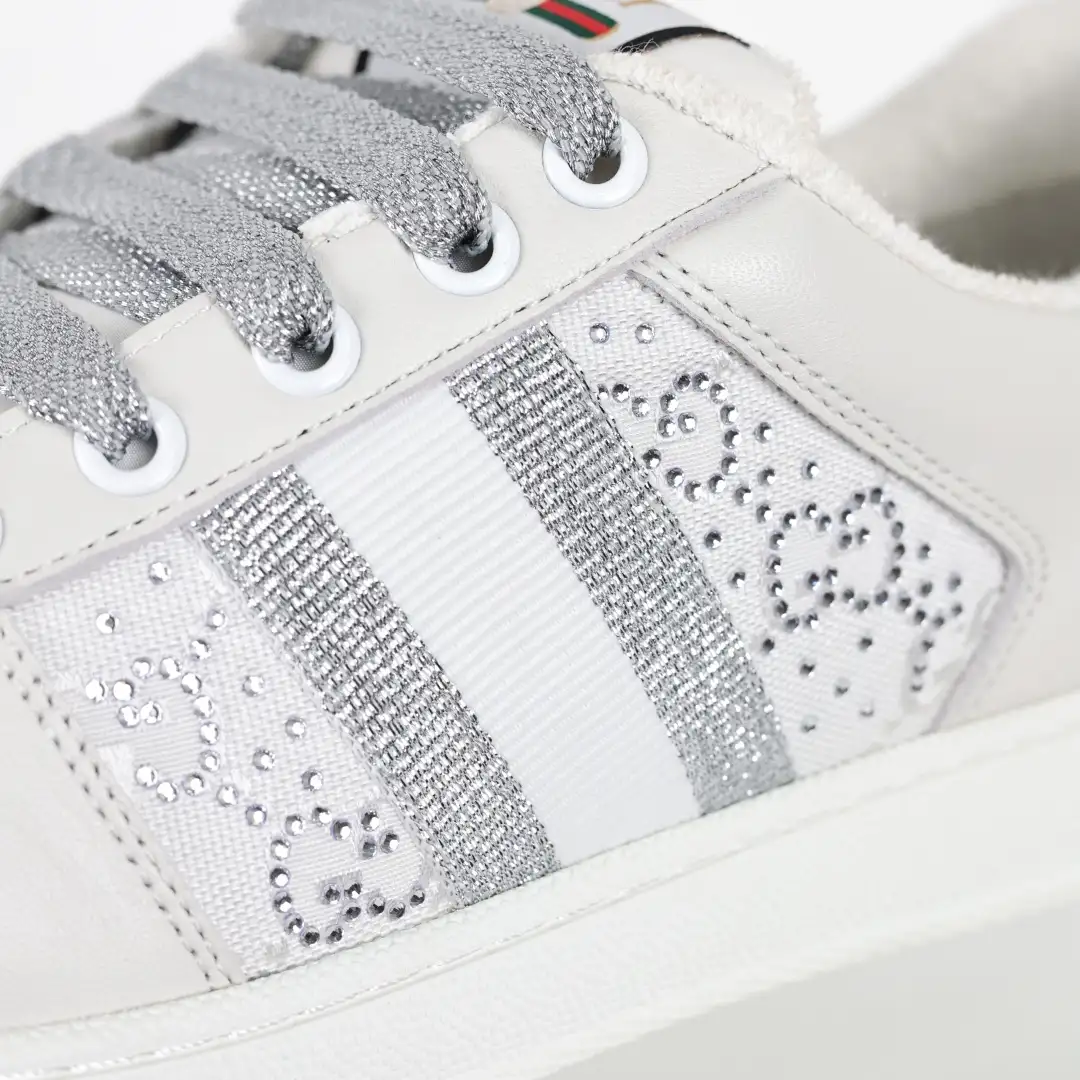 Gucci Screener White Rhinestone Distressed Sneakers - Image 5