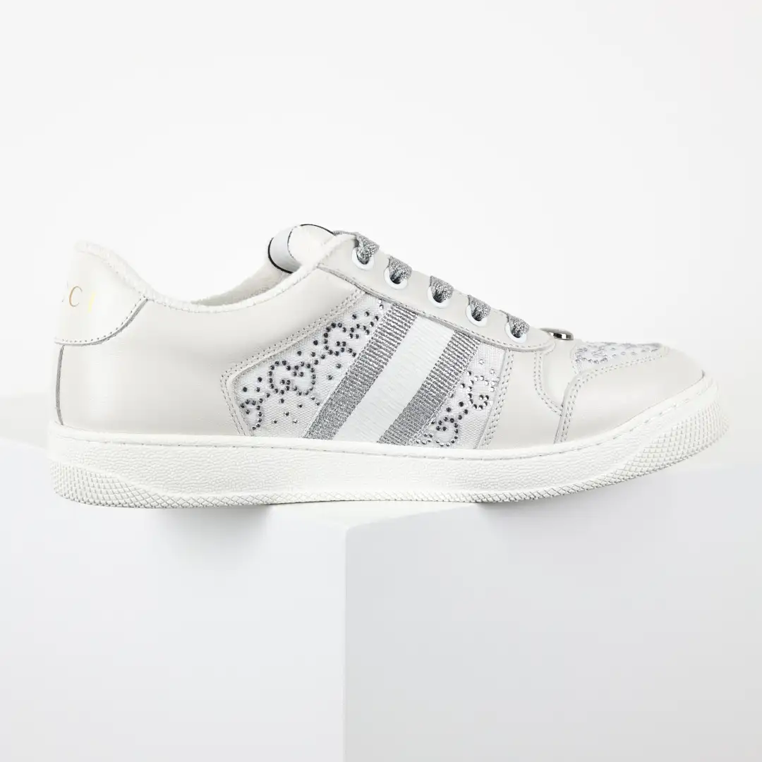 Gucci Screener White Rhinestone Distressed Sneakers - Image 1