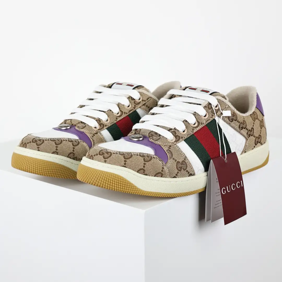 Gucci Screener Monogram Purple Heel Distressed Sneakers - Image 2