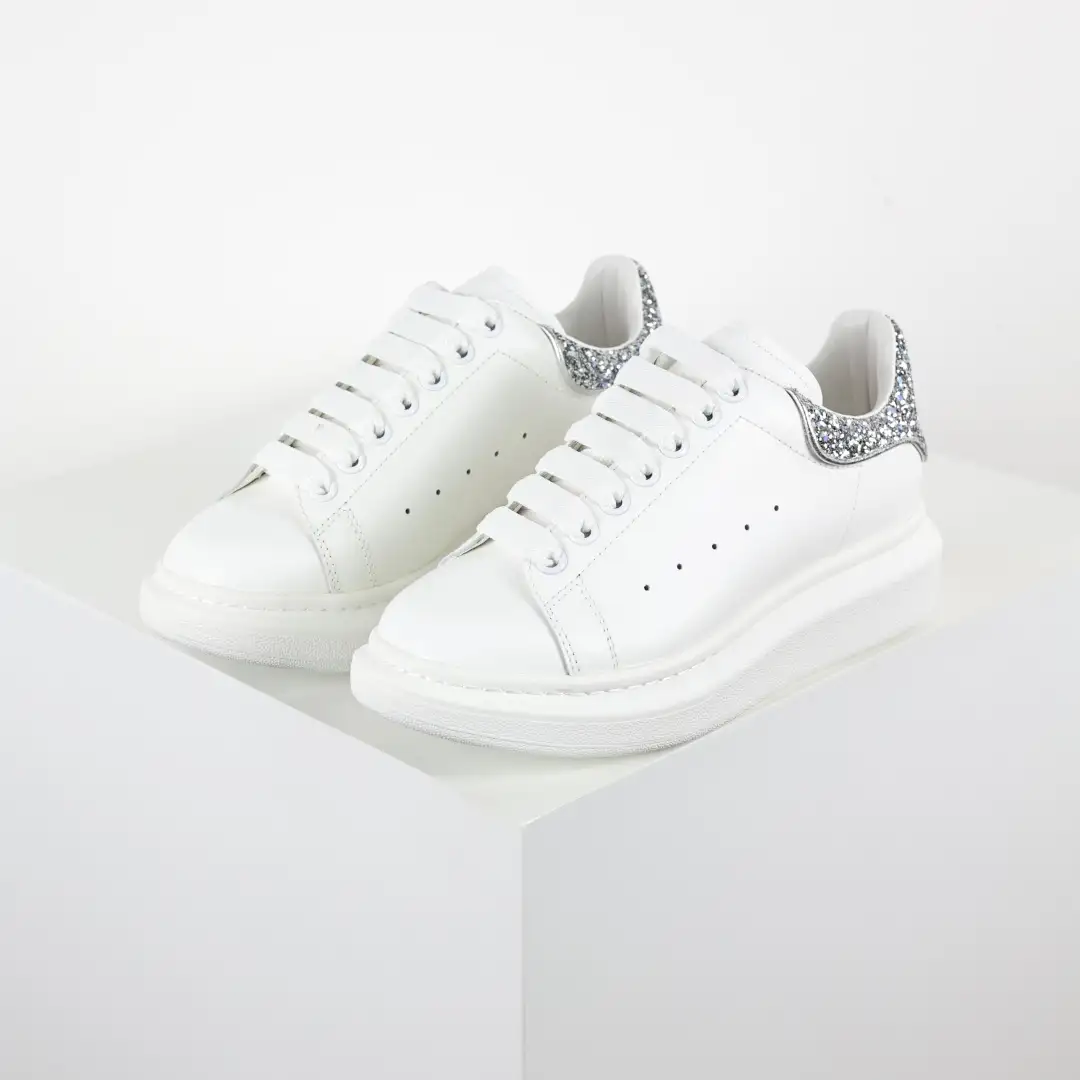 Alexander McQueen White/Silver Glitter Heel Sneakers - Image 5