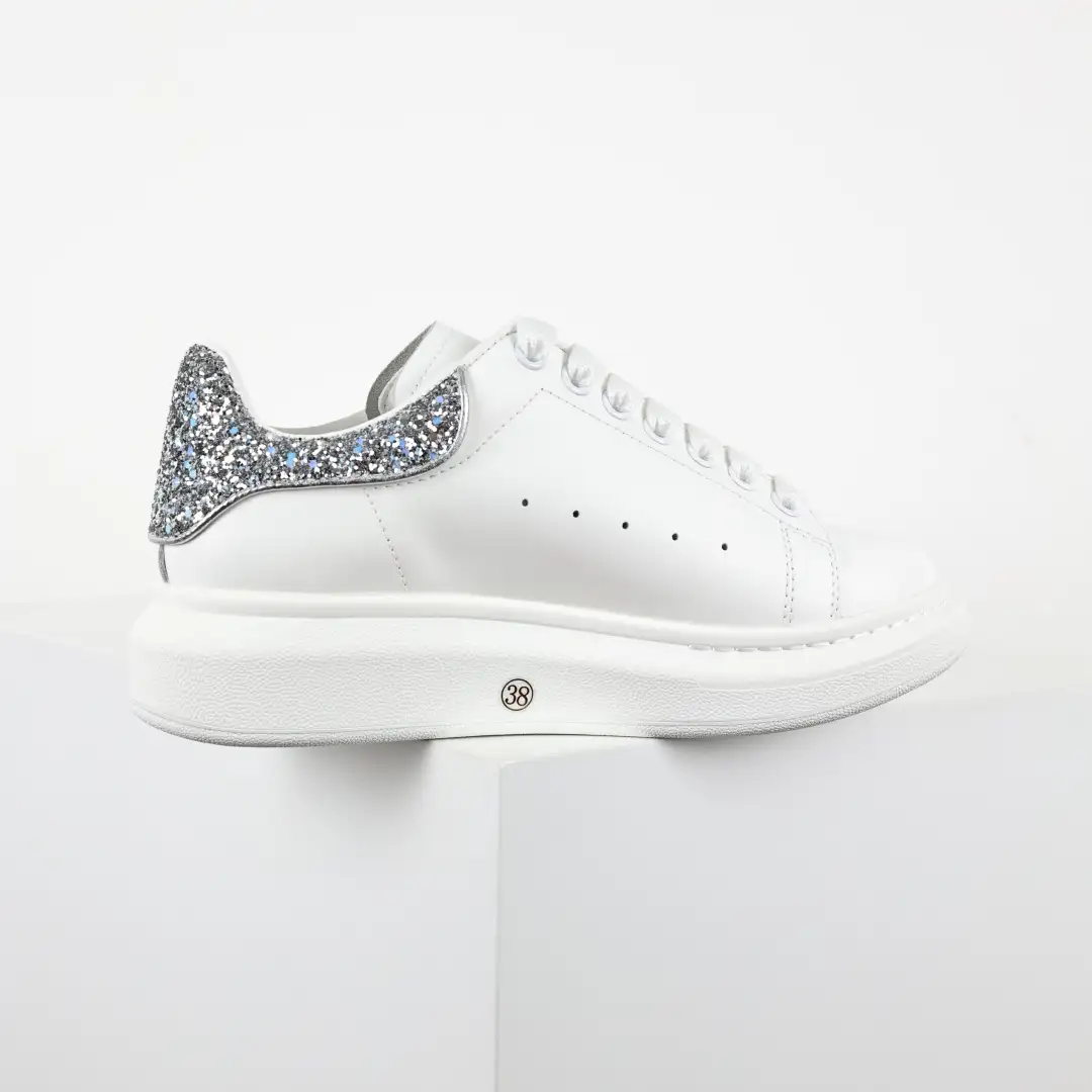 Alexander McQueen White/Silver Glitter Heel Sneakers - Image 1
