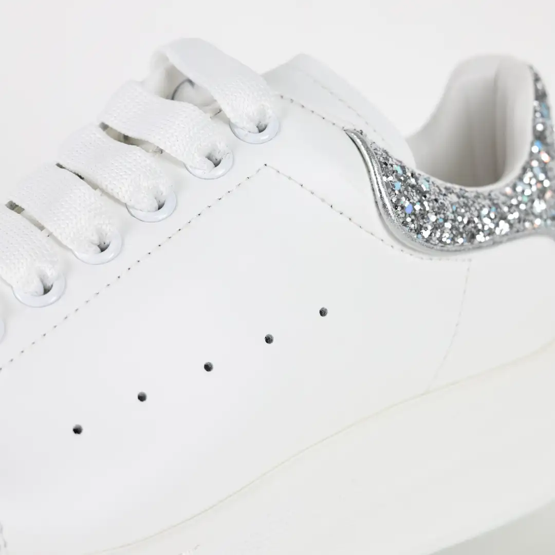 Alexander McQueen White/Silver Glitter Heel Sneakers - Image 7