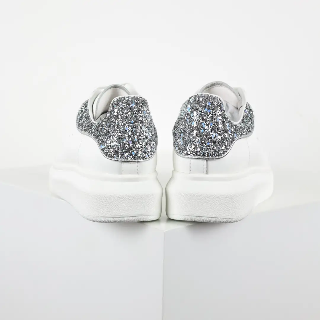 Alexander McQueen White/Silver Glitter Heel Sneakers - Image 8